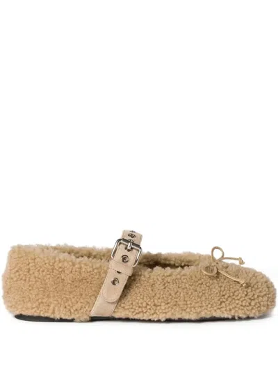 Miu Miu Buckle-strap Shearling Ballerinas In Neutral