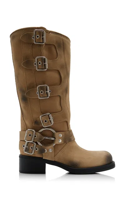 Miu Miu Buckled Leather Boots In Beige O Tan