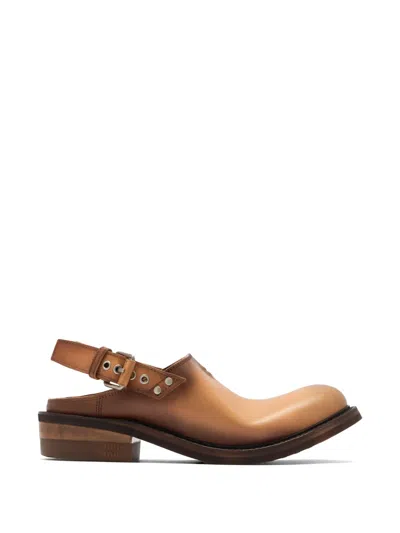 Miu Miu Leather Slingback Mules Round Toe Stacked Heel In Brown