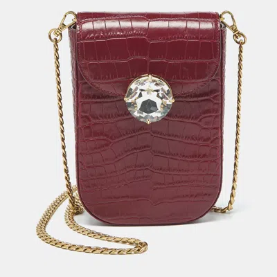 Pre-owned Miu Miu Burgundy Croc Embossed Leather Crystals Flap Phone Crossbody Bag
