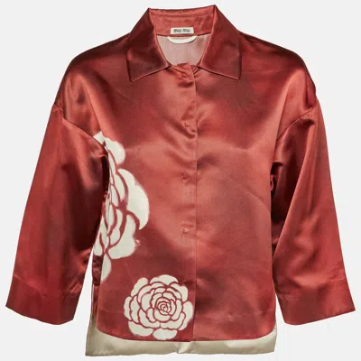 Pre-owned Miu Miu Burgundy Floral Printed Silk Oversized Shirt S