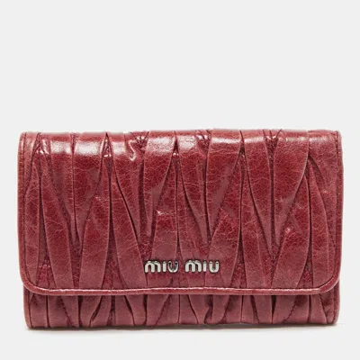 Pre-owned Miu Miu Burgundy Matelassé Leather Flap Trifold Wallet
