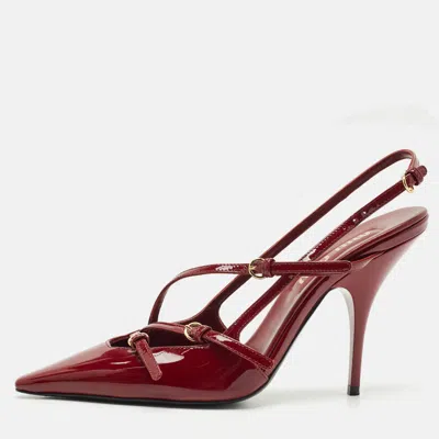 Pre-owned Miu Miu Burgundy Patent Leather Pointed Toe Buckle Slingback Pumps Size 37.5