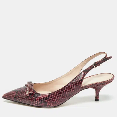 Pre-owned Miu Miu Burgundy Python Embossed Leather Slingback Pumps Size 38