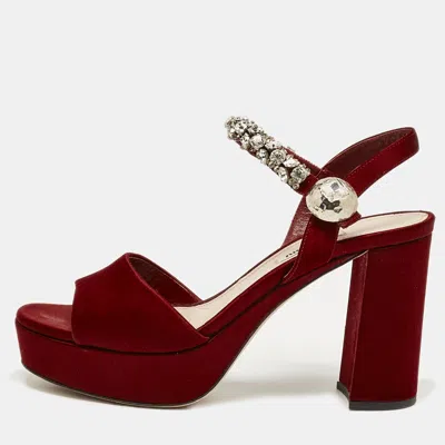Pre-owned Miu Miu Burgundy Satin Crystal Embellished Platform Sandals Size 39