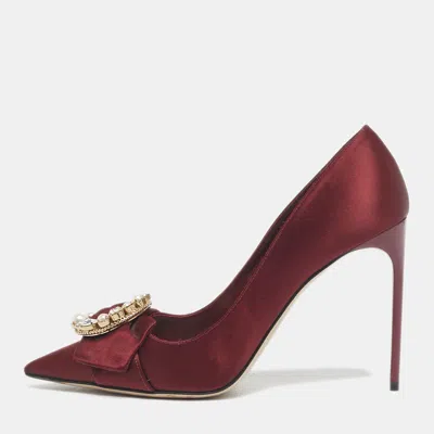Pre-owned Miu Miu Burgundy Satin Crystal Embellished Pointed Toe Pumps Size 39