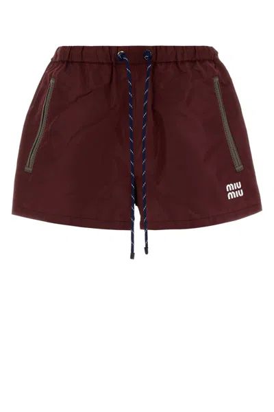 Miu Miu Burgundy Tech Fabric Shorts In Brown