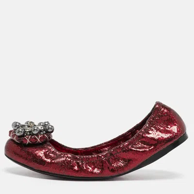 Pre-owned Miu Miu Burgundy Texture Leather Scrunch Ballet Flats Size 40