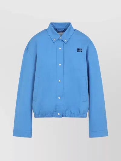 Miu Miu Button-down Collar Cotton Jacket With Elastic Hem In Blue