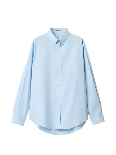 Miu Miu Button-down Embroidered Poplin Shirt In Blue