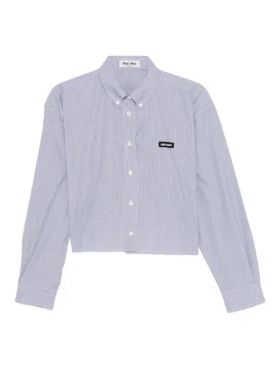 Miu Miu Check Pattern Cropped Poplin Shirt Clothing In Blue