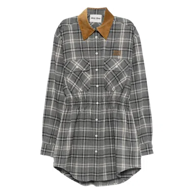 Miu Miu Buttoned Check-pattern Mini Dress In Gray