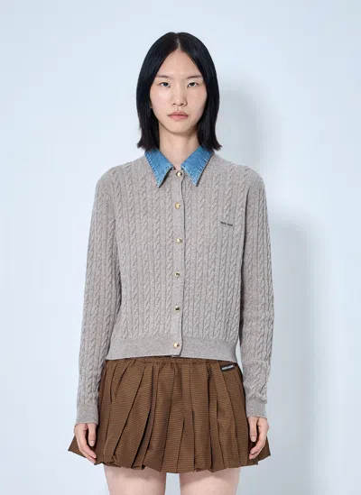 Miu Miu Denim-collar Cable-knit Cashmere Cardigan In Gray