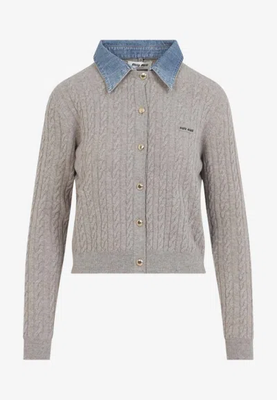 Miu Miu Cropped Cardigan Cable Knit Denim Collar In Gray