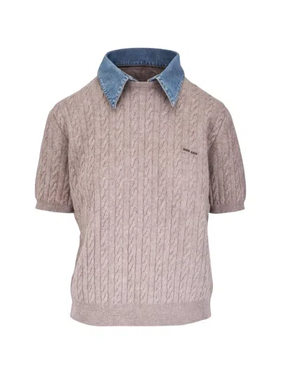 Miu Miu Cable-knit Denim-collar Sweater In Multi