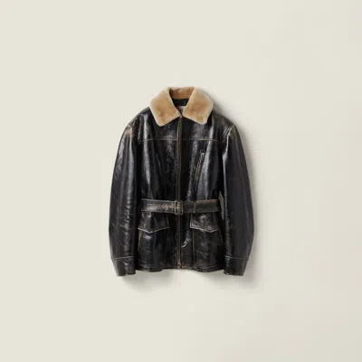 Miu Miu Calf Leather Caban Jacket In Black