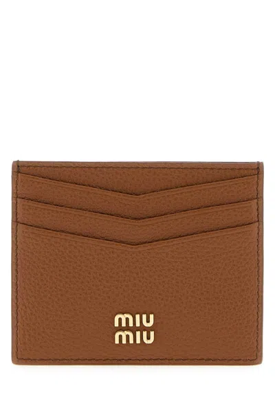 Miu Miu Calf Leather Card Case In Cognac