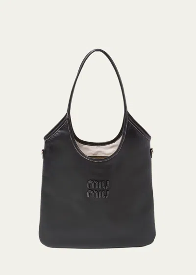 Miu Miu Calf Leather Hobo Bag In Black
