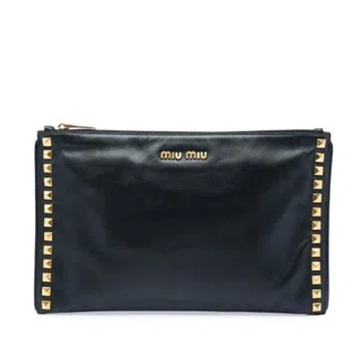 Pre-owned Miu Miu Calf Leather Studded Leather Zip Clutch In Black