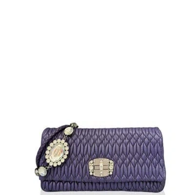 Pre-owned Miu Miu Calfskin Matelasse Crystal Flap Clutch In Purple