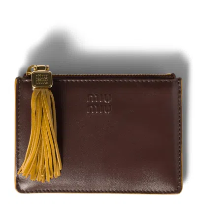 Miu Miu Calfskin Tassel Card Holder In Brown