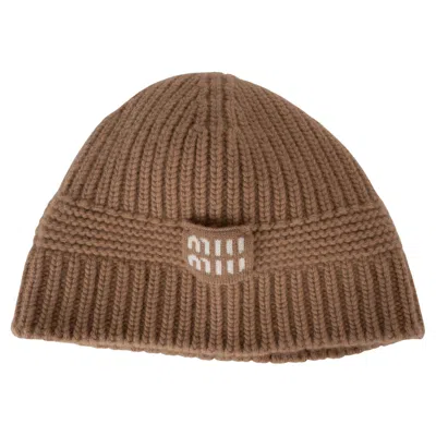 Pre-owned Miu Miu Camel Brown Wool & Cashmere 2022 Logo Beanie Hat M
