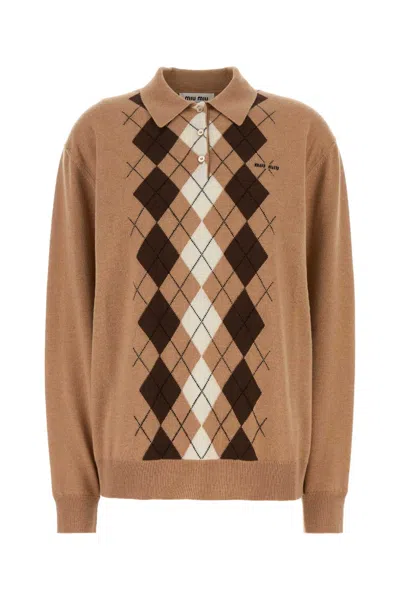 Miu Miu Camel Cashmere Oversize Polo Shirt In Brown