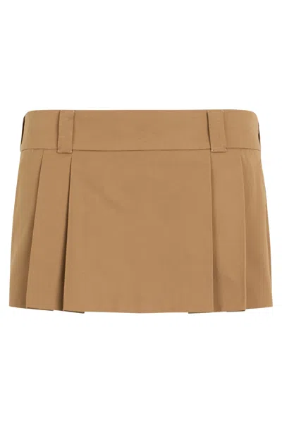 Miu Miu Camel Cotton Mini Skirt In Brown