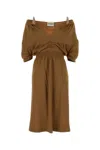 Miu Miu Off-shoulder Midi Dress Featuring Ruched Detail In Brown