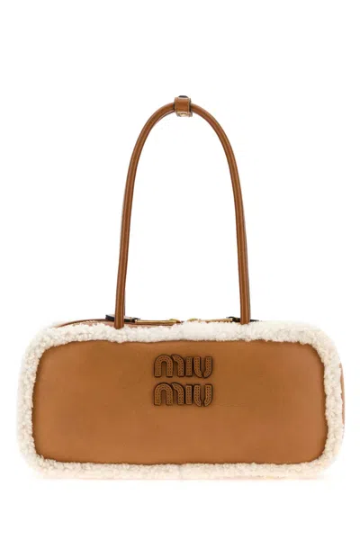 Miu Miu Camel Leather Arcadie Handbag In Brown