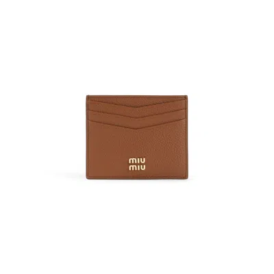 Miu Miu Camel Leather Card Holder In Brown