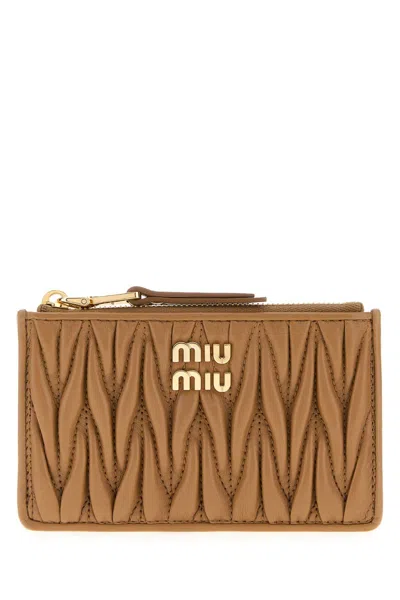 Miu Miu Camel Nappa Leather Card Holder In Brown