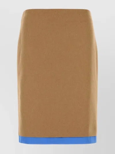Miu Miu Camel Skirt With Back Slit And Contrasting Hem In Brown