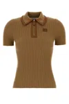 Miu Miu Cashmere Blend Polo Shirt With Ribbed Texture In Brown