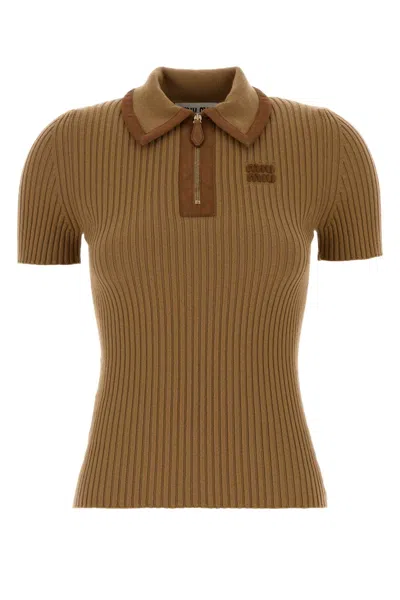 Miu Miu Cashmere Blend Polo Shirt With Ribbed Texture In Neutral