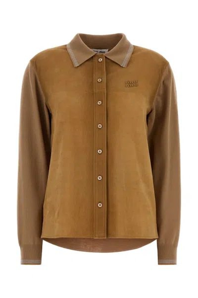 Miu Miu Wool Suede Collared Cardigan Ribbed Cuffs In Brown