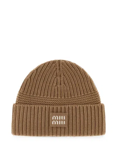 Miu Miu Camel Wool Blend Beanie Hat In Yellow