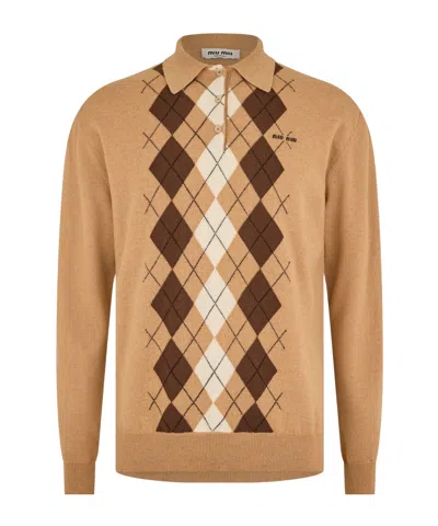 Miu Miu Camel-colored Knitted Sweater In Black