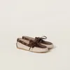 Miu Miu Canvas And Bleached Leather Boat Shoes In Beige/brown