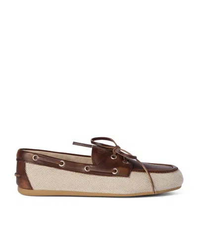 Miu Miu Canvas And Bleached Leather Boat Shoes In Naturale Bruciato