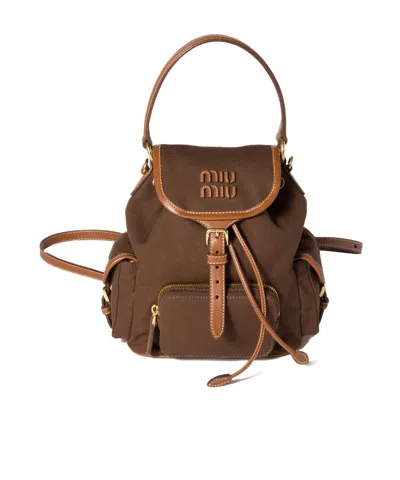 Miu Miu Canvas And Leather Backpack In Brown