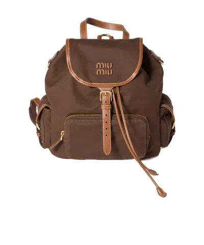 Miu Miu Canvas And Leather Backpack In Brown