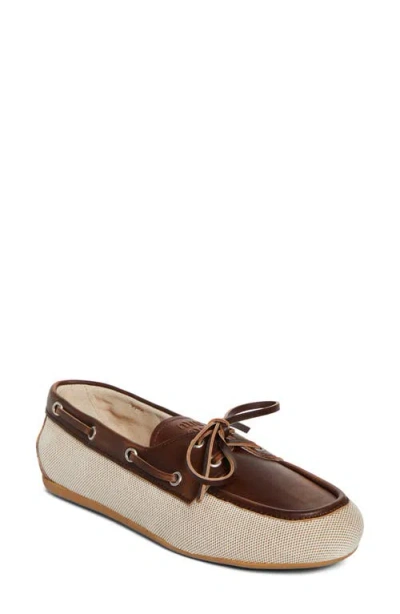 Miu Miu Canvas And Bleached Leather Boat Shoes In Naturale Bruciato