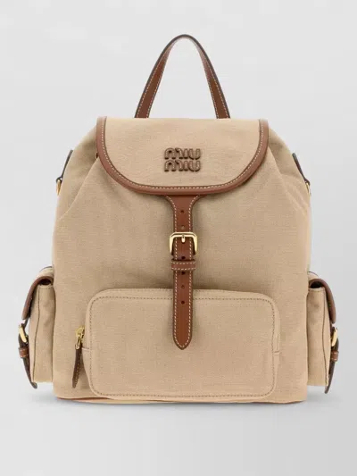 Miu Miu Canvas Backpack Adjustable Straps Front Pocket In Brown