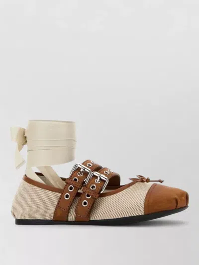 Miu Miu Canvas Ballerinas Round Toe Contrast Cap In Brown