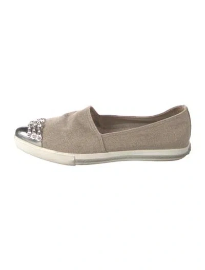 Pre-owned Miu Miu Canvas Crystal Embellishments Flats In Neutrals