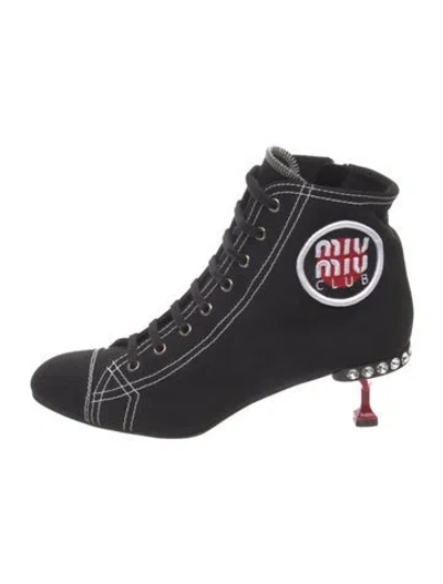 Pre-owned Miu Miu Canvas Crystal Embellishments Lace-up Boots In Black