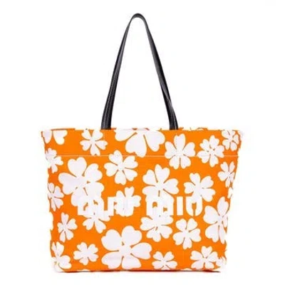 Pre-owned Miu Miu Canvas Floral Shopping Tote Null In Orange