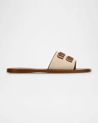 MIU MIU CANVAS LOGO FLAT SLIDE SANDALS