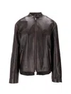 Miu Miu Leather Jacket With Stand Collar And Pockets In Brown